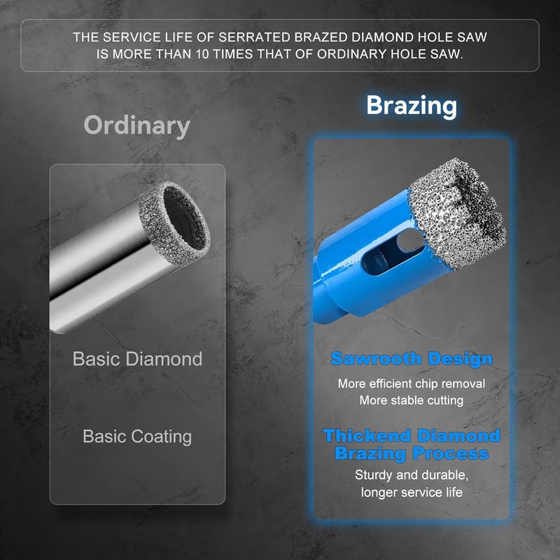 ZNXIMER Diamond Hole Saw Tile Drill Bits Kit, 11 PCS Serrated Brazing Tile Core Drill Bits Sets with EVA Hole Saws Guide Jig Hollow Drill Hole Saw for Ceramic, Glass,Tile, Marble,Granite, Gypsum,Wood - Image 4